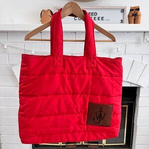 Uniqlo X JW Anderson Faux Leather Logo Pocket Red Puffer Tote Bag.